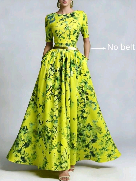 Dresses & Skirts - Elegant Lime Green Floral Bohemian Style Dress For Women, Spring/Summer